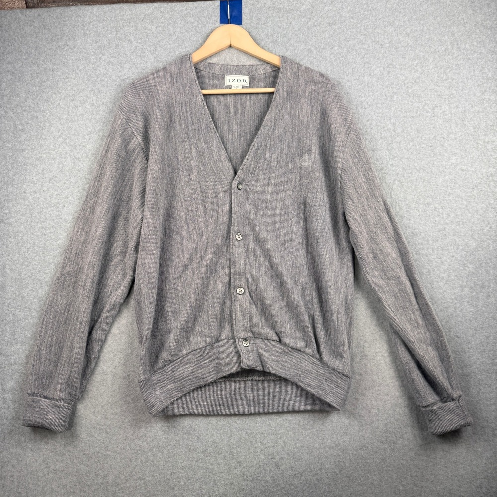 VTG IZOD Cardigan Mens Large Gray V Neck Button Front Sweater USA Grandpa Grunge